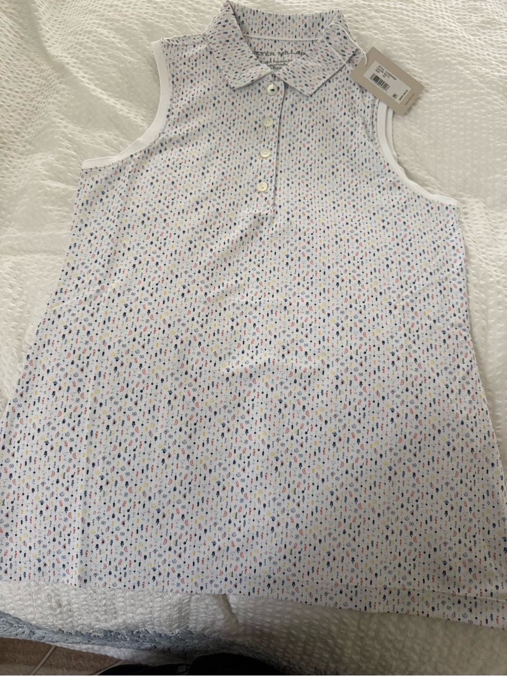 Peter Millar Girls' White Sleeveless Polo Top with Multicolor Dot Pattern